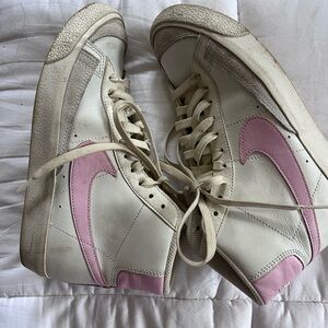 Nike Cream High-Top Sneakers with Pink Swoosh
